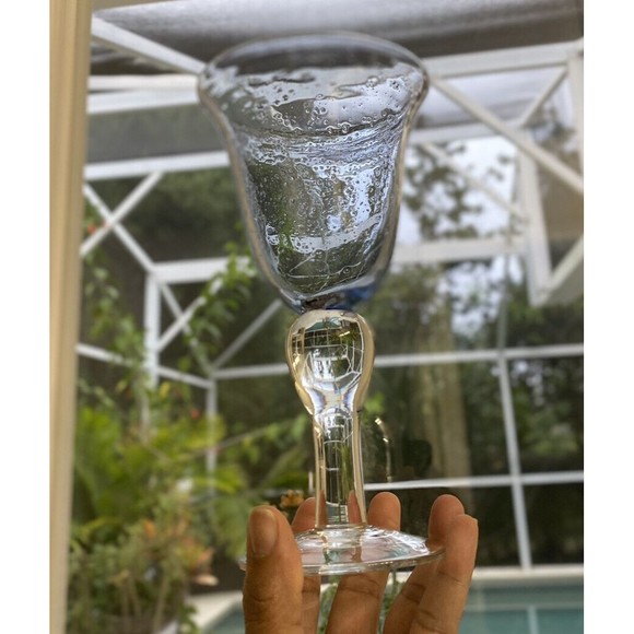 3 Artland Iris Light Blue Hand Blown Bubble Glass Bulbous Clear Stem Goblets - Picture 14 of 15